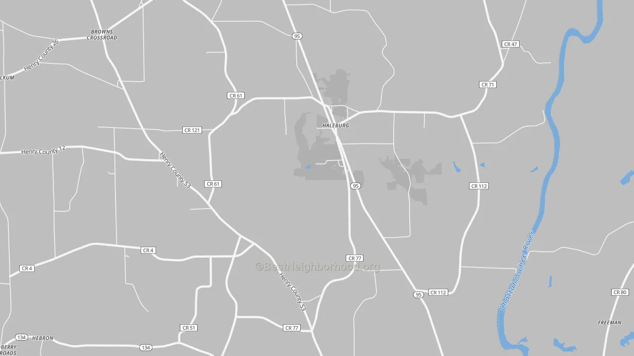 Walk Grade map of Haleburg, AL, walkable areas in green and car-dependent areas in red