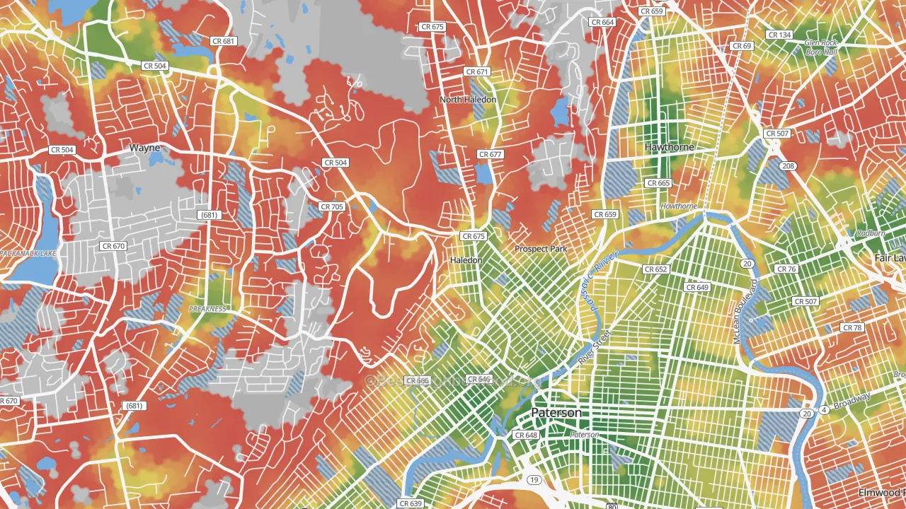 Walk Grade map of Haledon, NJ, walkable areas in green and car-dependent areas in red