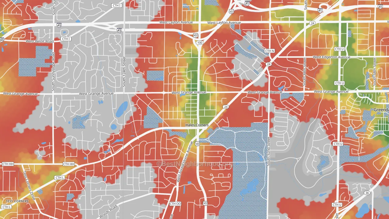 Walk Grade map of Hales Corners, WI, walkable areas in green and car-dependent areas in red
