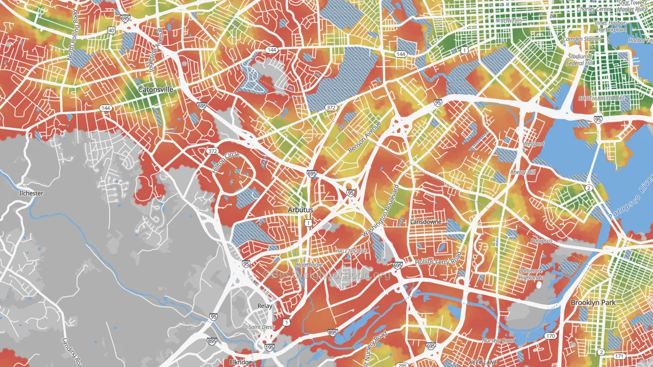 Walk Grade map of Halethorpe, MD, walkable areas in green and car-dependent areas in red