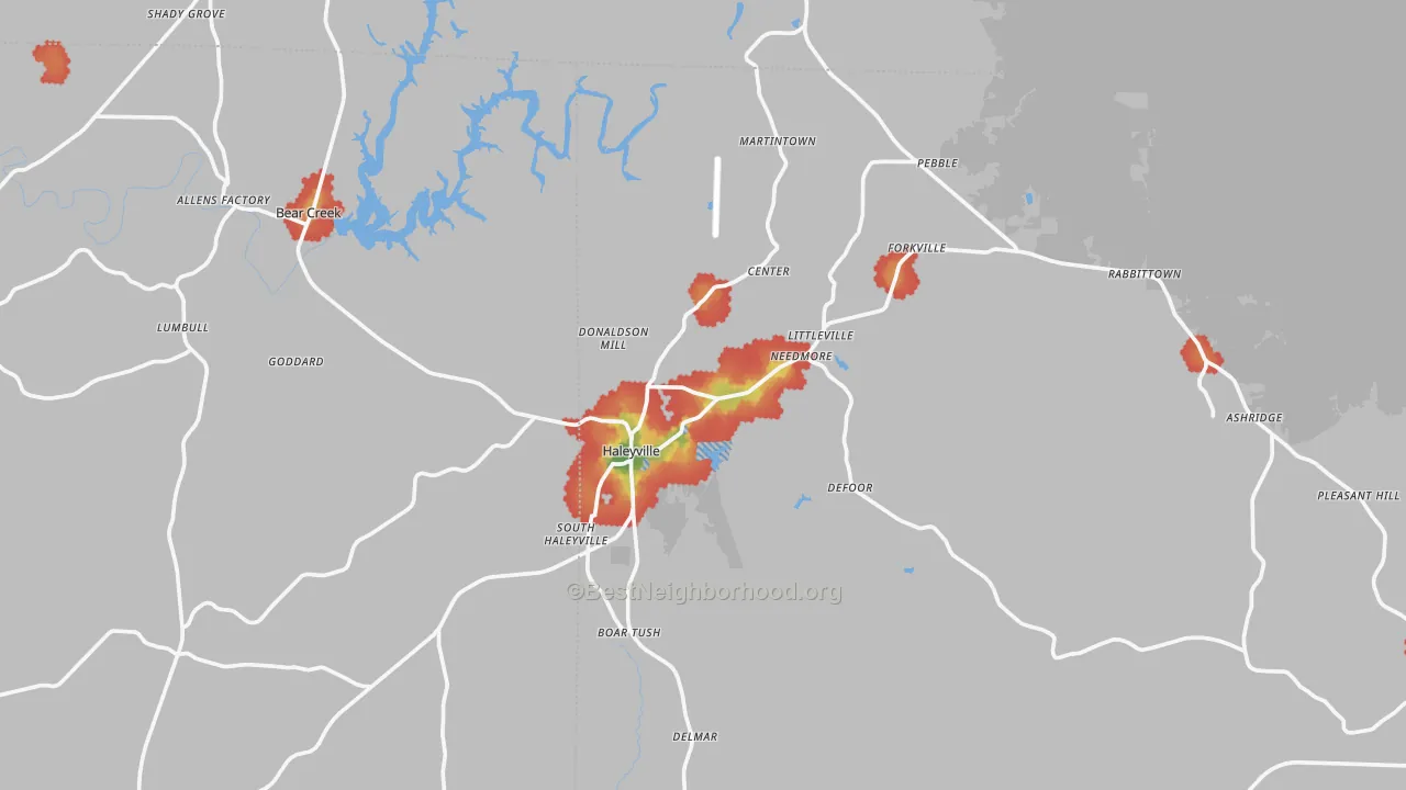 Walk Grade map of Haleyville, AL, walkable areas in green and car-dependent areas in red