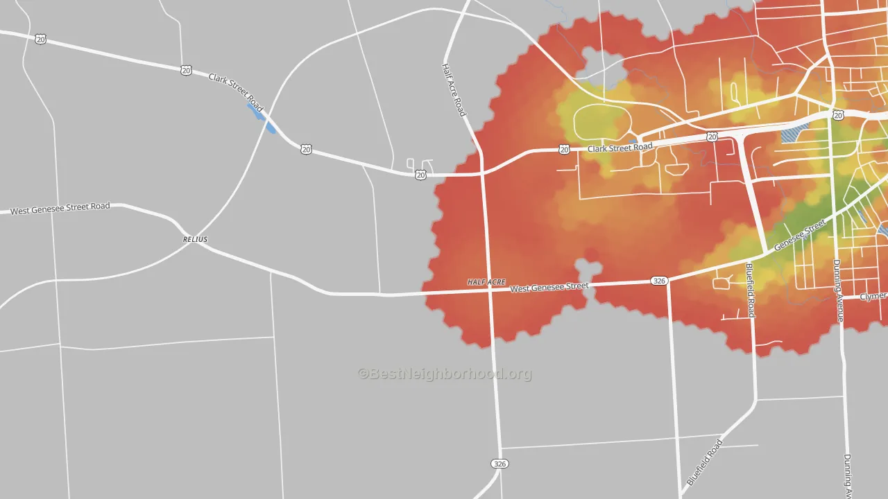 Walk Grade map of Half Acre, NY, walkable areas in green and car-dependent areas in red