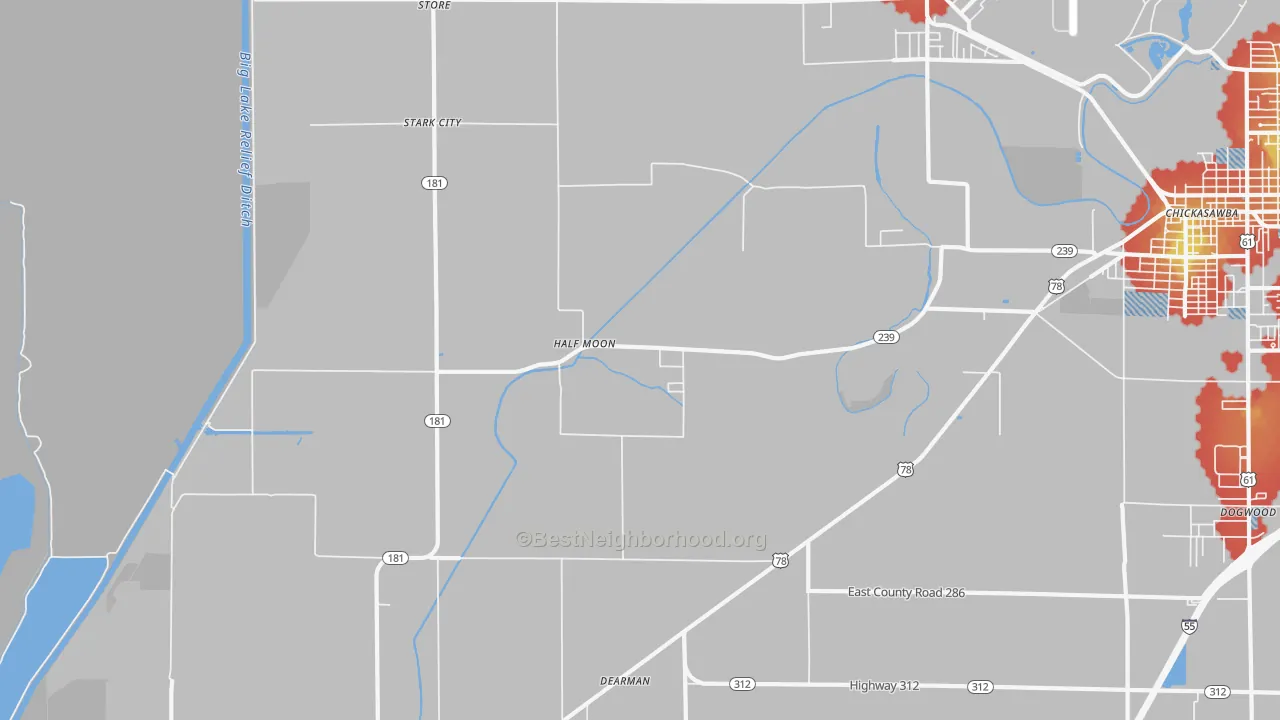 Walk Grade map of Half Moon, AR, walkable areas in green and car-dependent areas in red
