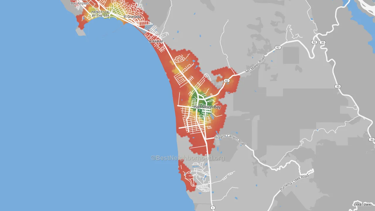 Walk Grade map of Half Moon Bay, CA, walkable areas in green and car-dependent areas in red