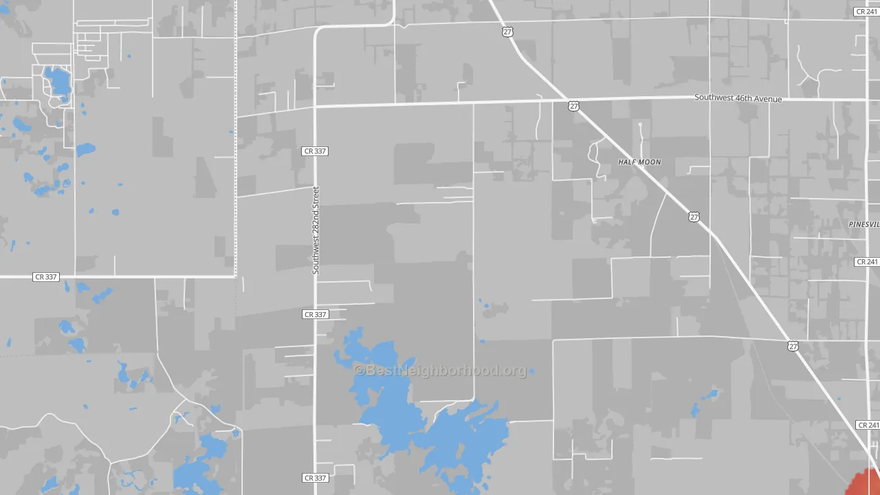 Walk Grade map of Half Moon, FL, walkable areas in green and car-dependent areas in red