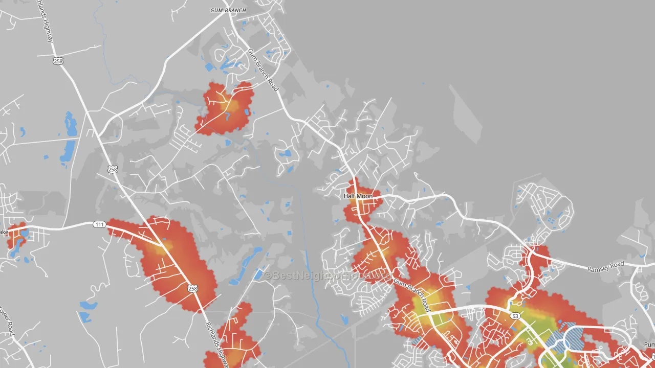 Walk Grade map of Half Moon, NC, walkable areas in green and car-dependent areas in red