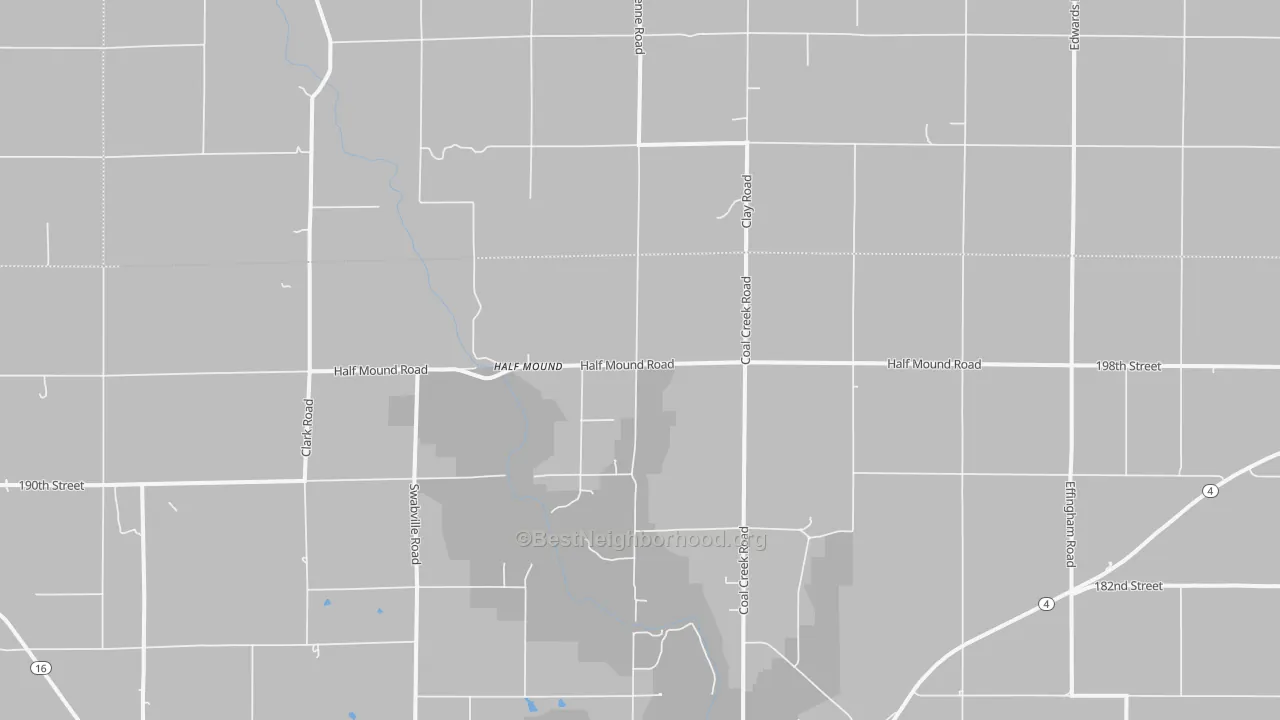Walk Grade map of Half Mound, KS, walkable areas in green and car-dependent areas in red