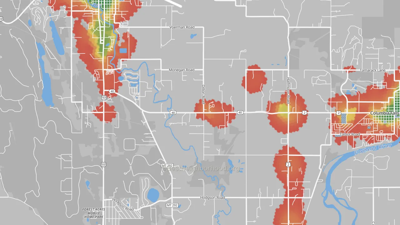 Walk Grade map of Halfmoon, MT, walkable areas in green and car-dependent areas in red