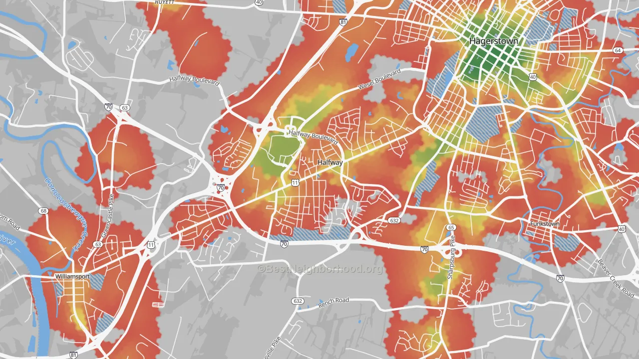 Walk Grade map of Halfway, MD, walkable areas in green and car-dependent areas in red