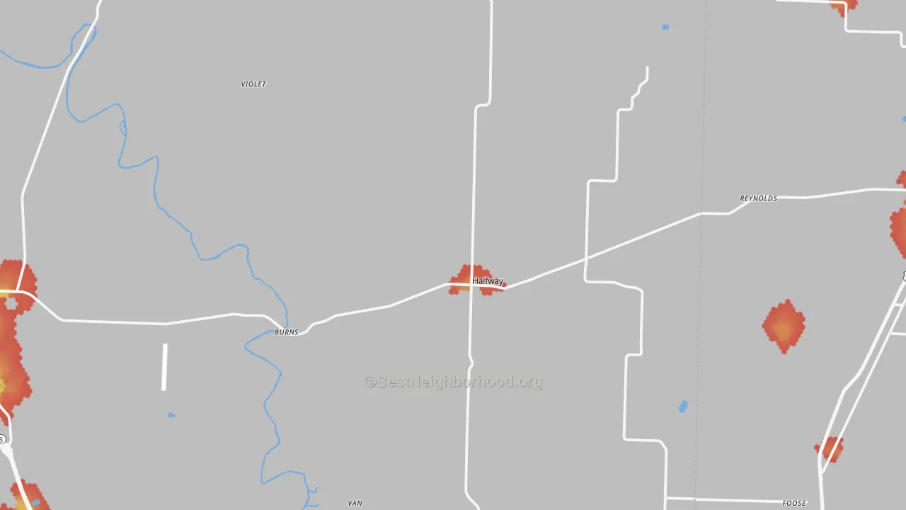 Walk Grade map of Halfway, MO, walkable areas in green and car-dependent areas in red