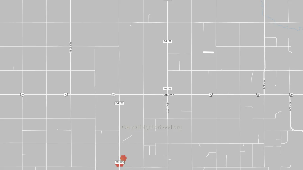 Walk Grade map of Halfway, TX, walkable areas in green and car-dependent areas in red