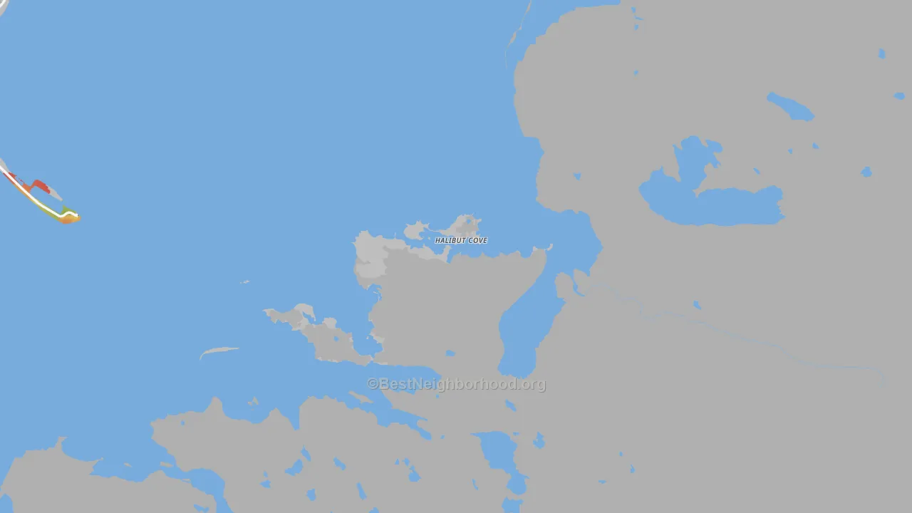 Walk Grade map of Halibut Cove, AK, walkable areas in green and car-dependent areas in red