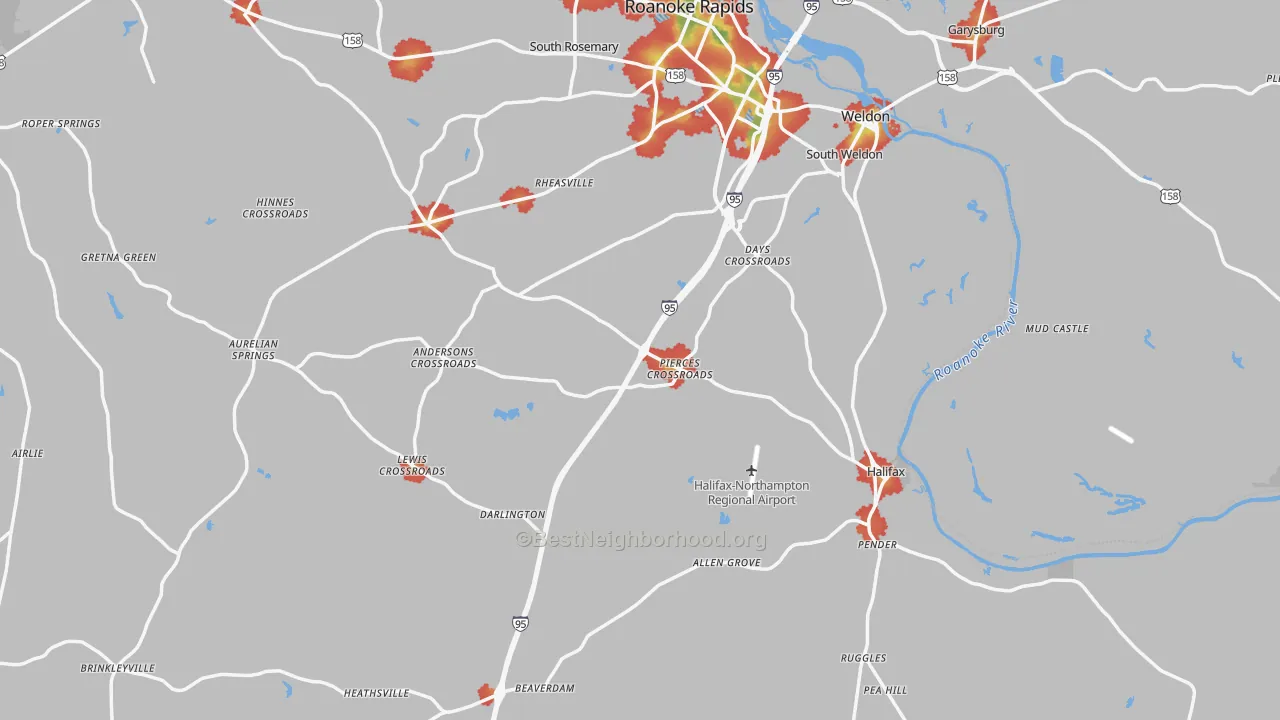 Walk Grade map of Halifax County, NC, walkable areas in green and car-dependent areas in red