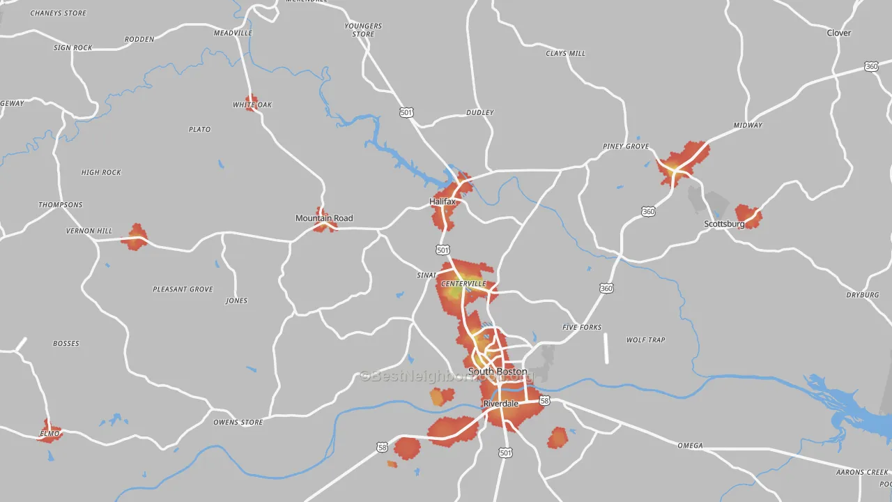 Walk Grade map of Halifax County, VA, walkable areas in green and car-dependent areas in red