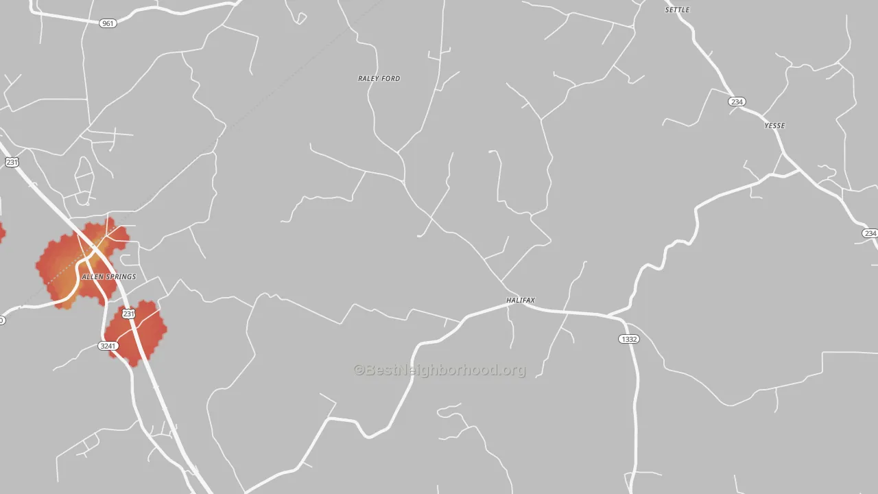 Walk Grade map of Halifax, KY, walkable areas in green and car-dependent areas in red