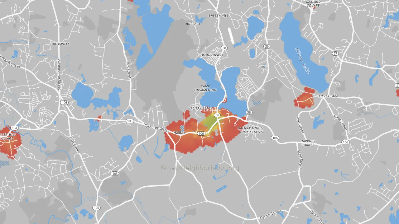 Walk Grade map of Halifax, MA, walkable areas in green and car-dependent areas in red