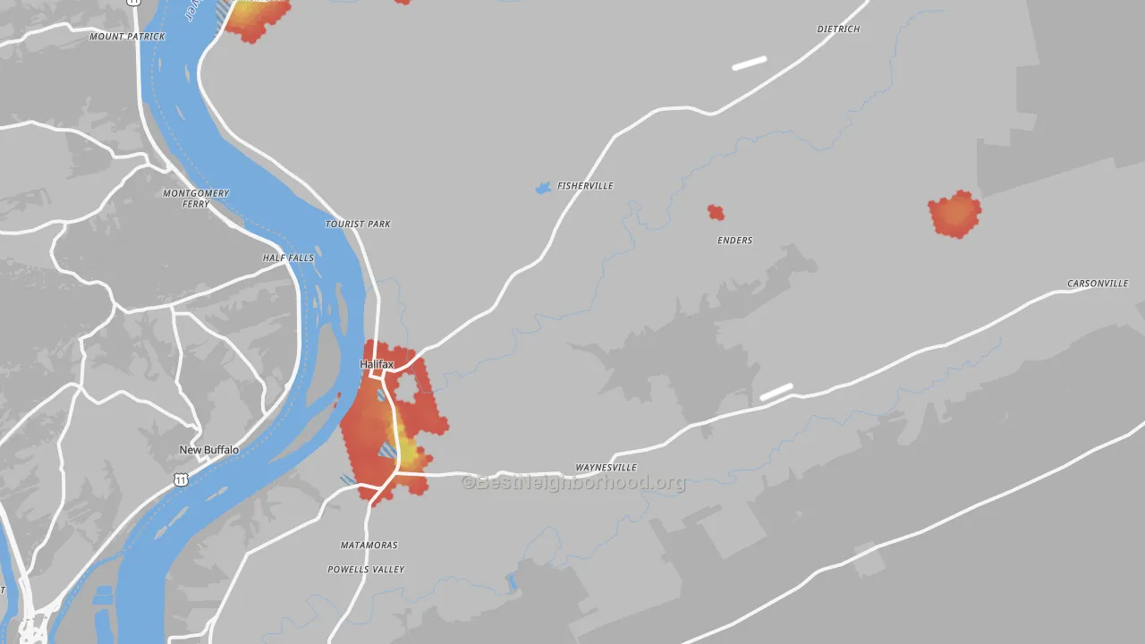 Walk Grade map of Halifax, PA, walkable areas in green and car-dependent areas in red