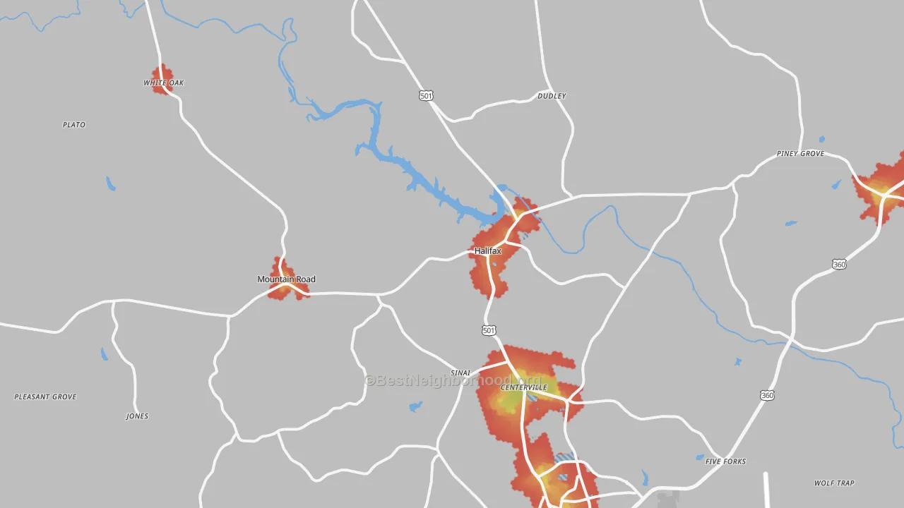 Walk Grade map of Halifax, VA, walkable areas in green and car-dependent areas in red