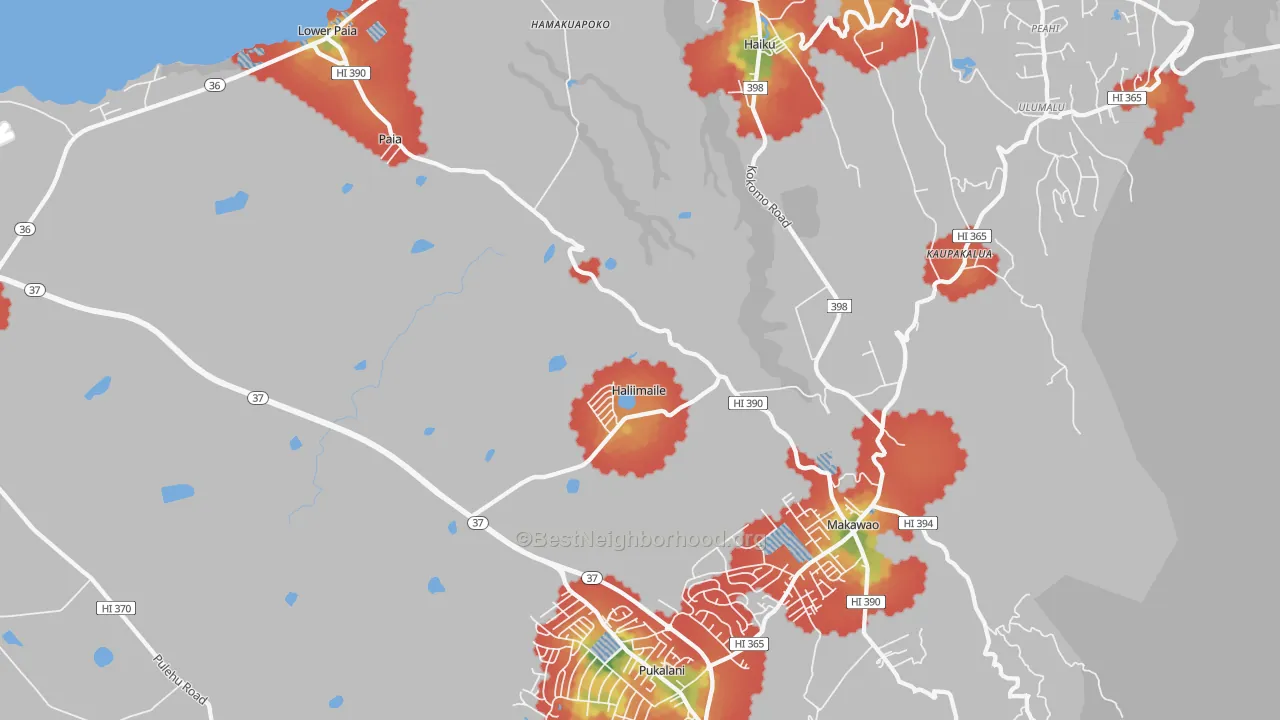 Walk Grade map of Haliimaile, HI, walkable areas in green and car-dependent areas in red