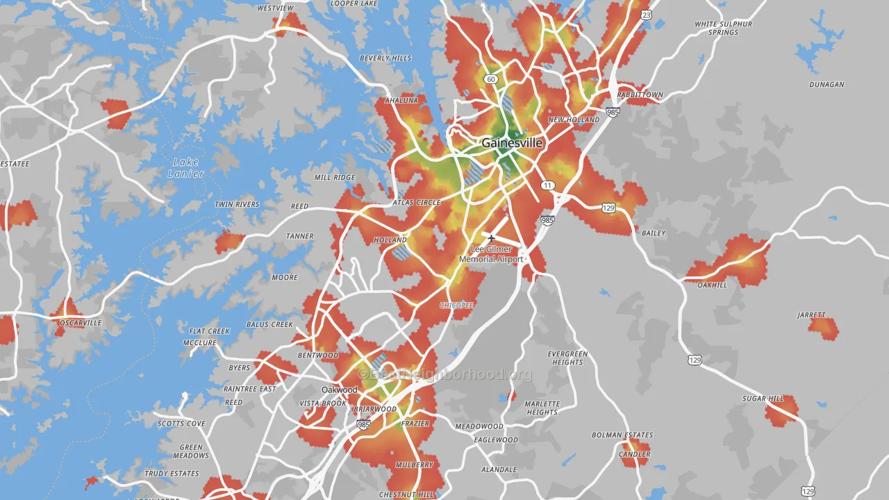 Walk Grade map of Hall County, GA, walkable areas in green and car-dependent areas in red