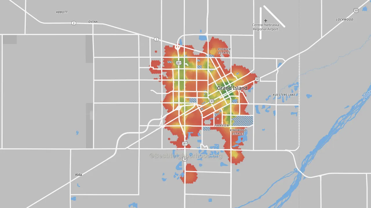 Walk Grade map of Hall County, NE, walkable areas in green and car-dependent areas in red