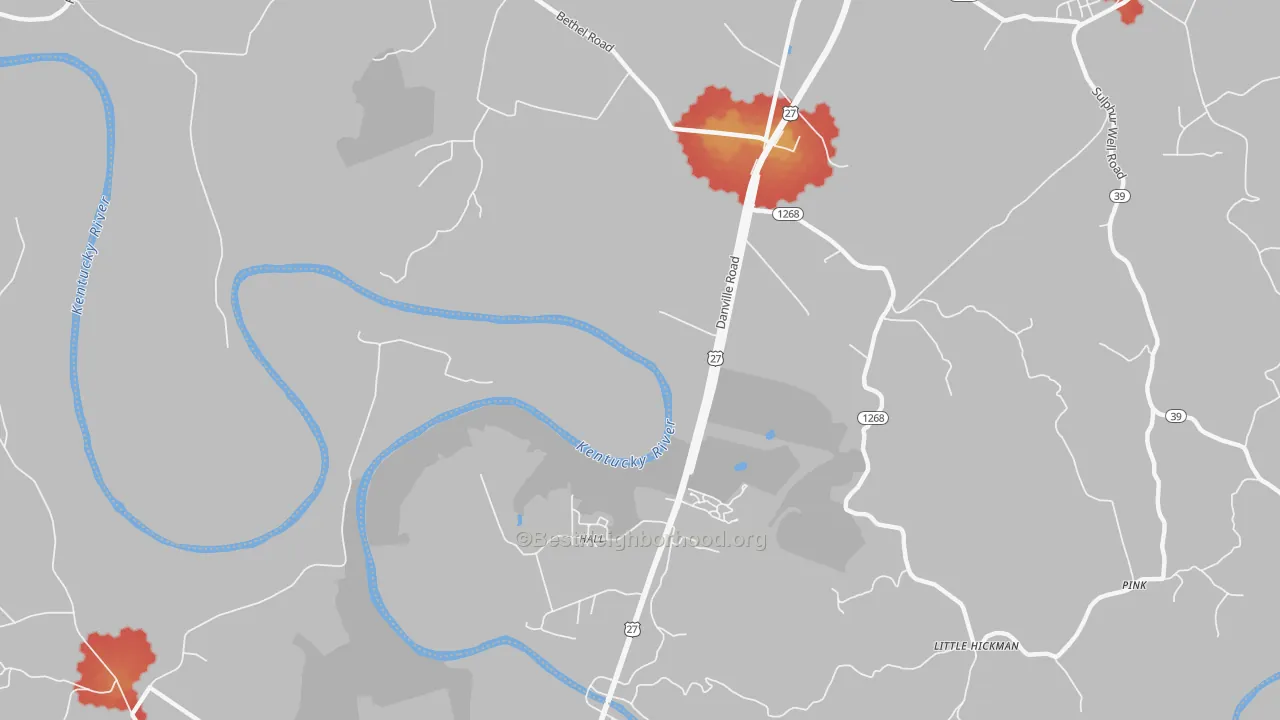 Walk Grade map of Hall, KY, walkable areas in green and car-dependent areas in red