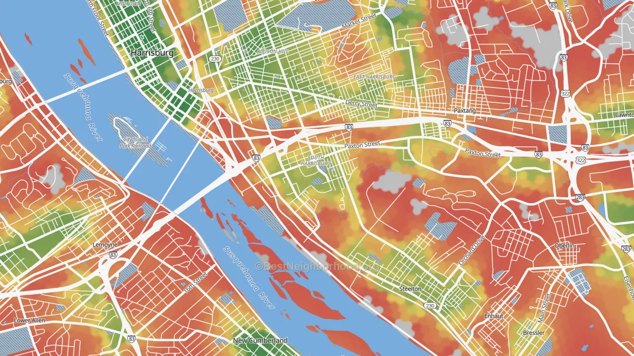 Walk Grade map of Hall Manor, Harrisburg, PA, walkable areas in green and car-dependent areas in red