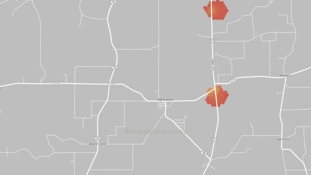 Walk Grade map of Hall Summit, LA, walkable areas in green and car-dependent areas in red