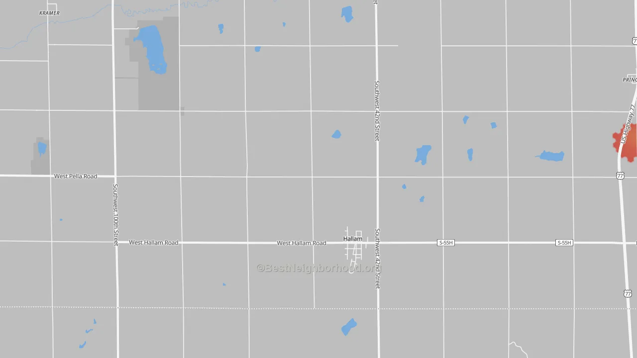 Walk Grade map of Hallam, NE, walkable areas in green and car-dependent areas in red
