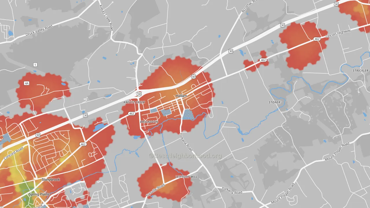Walk Grade map of Hallam, PA, walkable areas in green and car-dependent areas in red