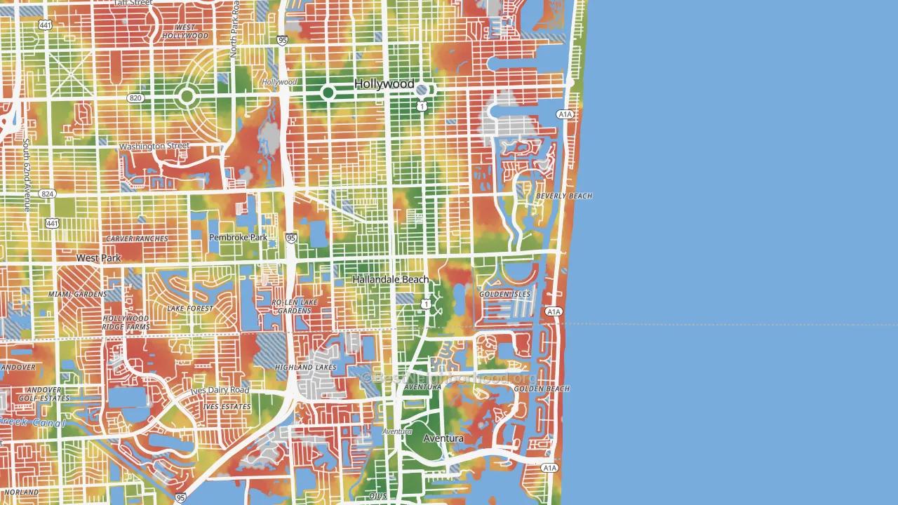 Walk Grade map of Hallandale Beach, FL, walkable areas in green and car-dependent areas in red