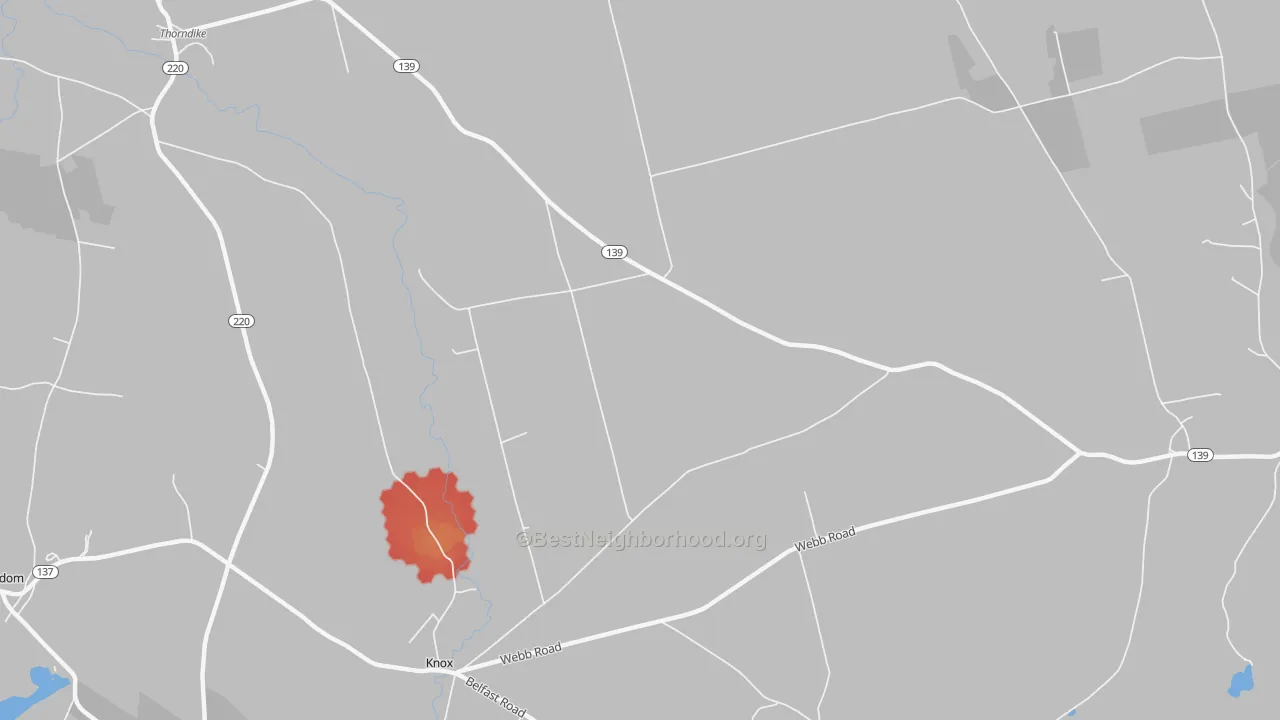 Walk Grade map of Halldale, ME, walkable areas in green and car-dependent areas in red