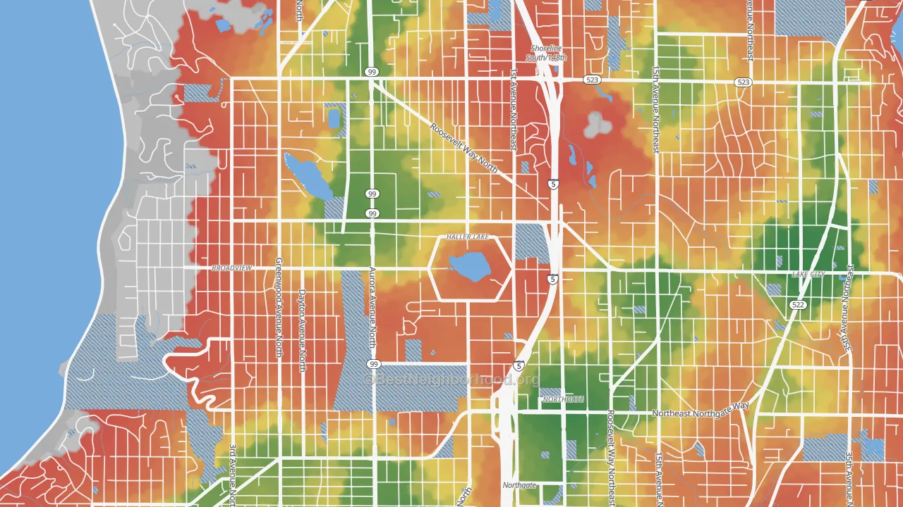 Walk Grade map of Haller Lake, Seattle, WA, walkable areas in green and car-dependent areas in red
