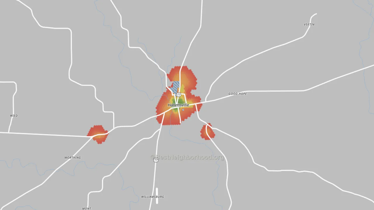 Walk Grade map of Hallettsville, TX, walkable areas in green and car-dependent areas in red