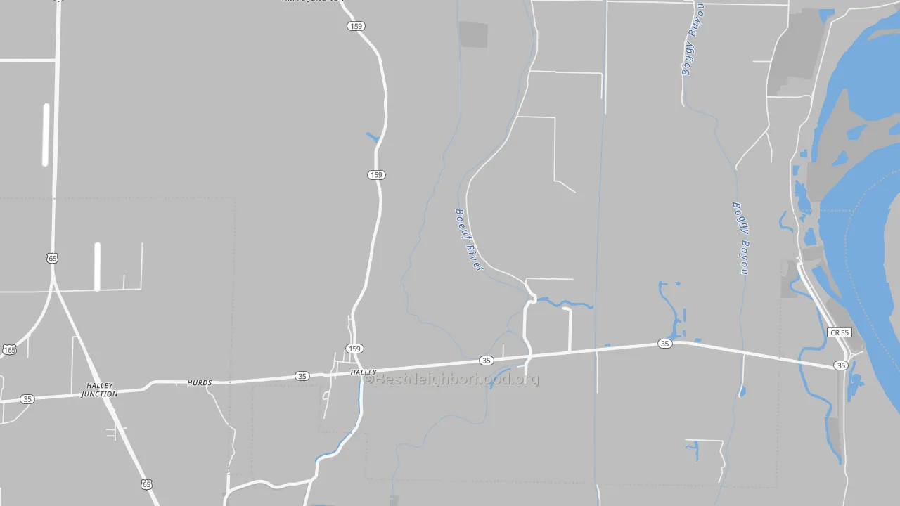 Walk Grade map of Halley, AR, walkable areas in green and car-dependent areas in red