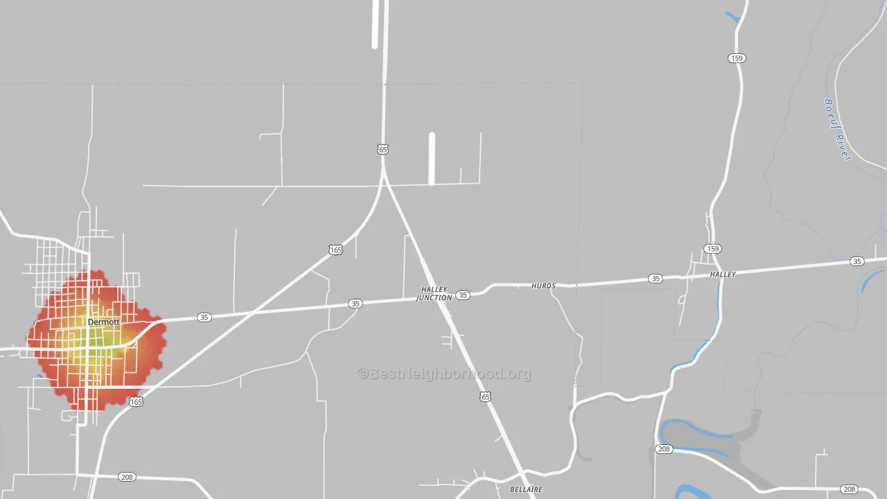 Walk Grade map of Halley Junction, AR, walkable areas in green and car-dependent areas in red