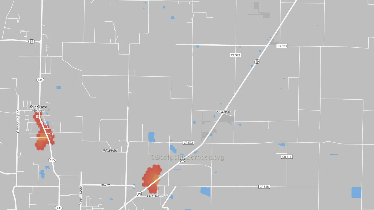 Walk Grade map of Halliday, AR, walkable areas in green and car-dependent areas in red