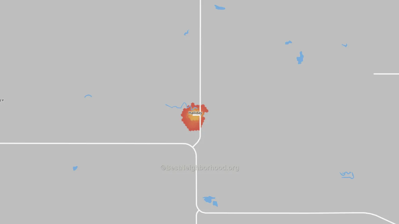 Walk Grade map of Halliday, ND, walkable areas in green and car-dependent areas in red