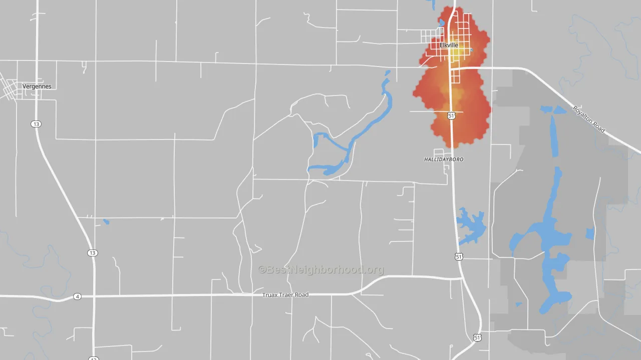 Walk Grade map of Hallidayboro, IL, walkable areas in green and car-dependent areas in red