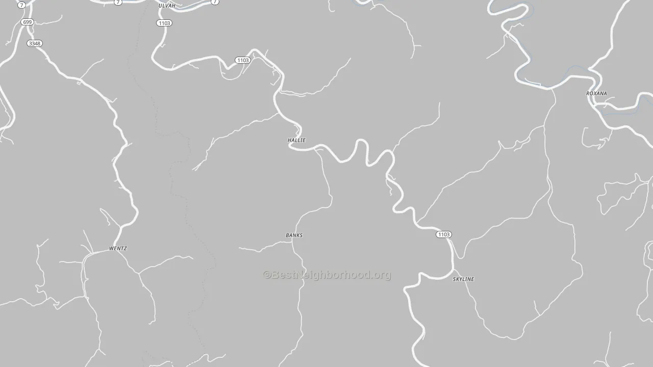 Walk Grade map of Hallie, KY, walkable areas in green and car-dependent areas in red