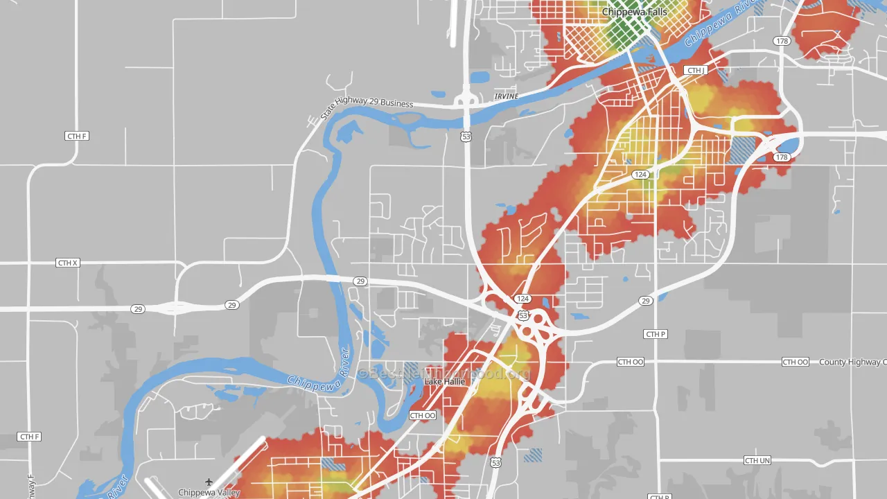 Walk Grade map of Hallie, WI, walkable areas in green and car-dependent areas in red