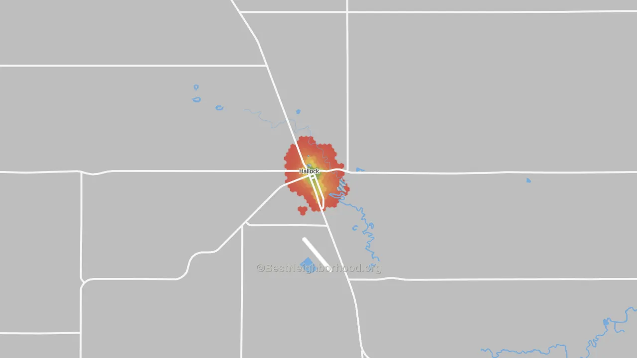 Walk Grade map of Hallock, MN, walkable areas in green and car-dependent areas in red
