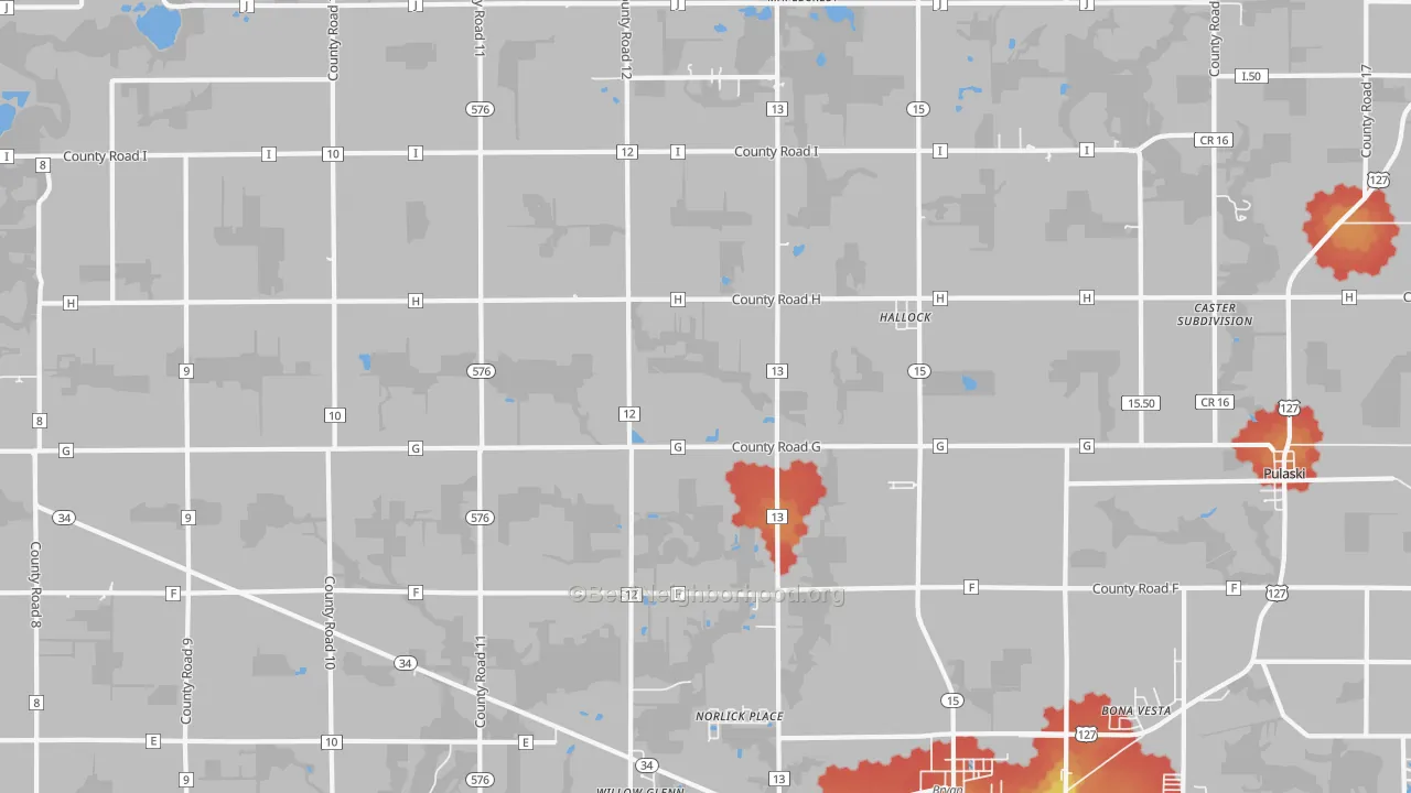 Walk Grade map of Hallock, OH, walkable areas in green and car-dependent areas in red