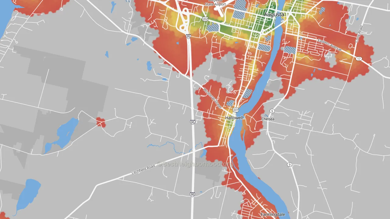 Walk Grade map of Hallowell, ME, walkable areas in green and car-dependent areas in red