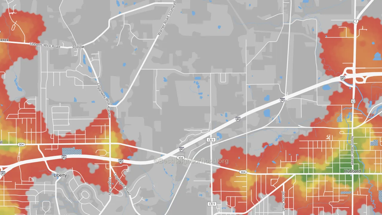 Walk Grade map of Halls Corners, OH, walkable areas in green and car-dependent areas in red