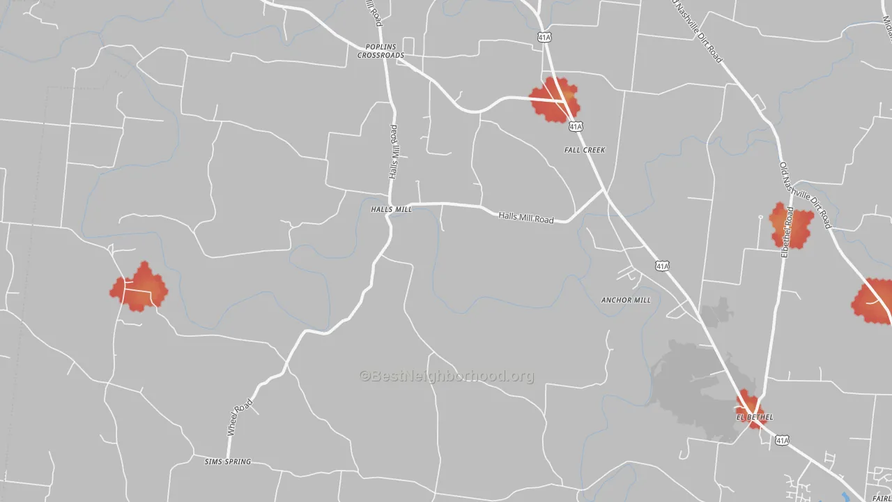 Walk Grade map of Halls Mill, TN, walkable areas in green and car-dependent areas in red