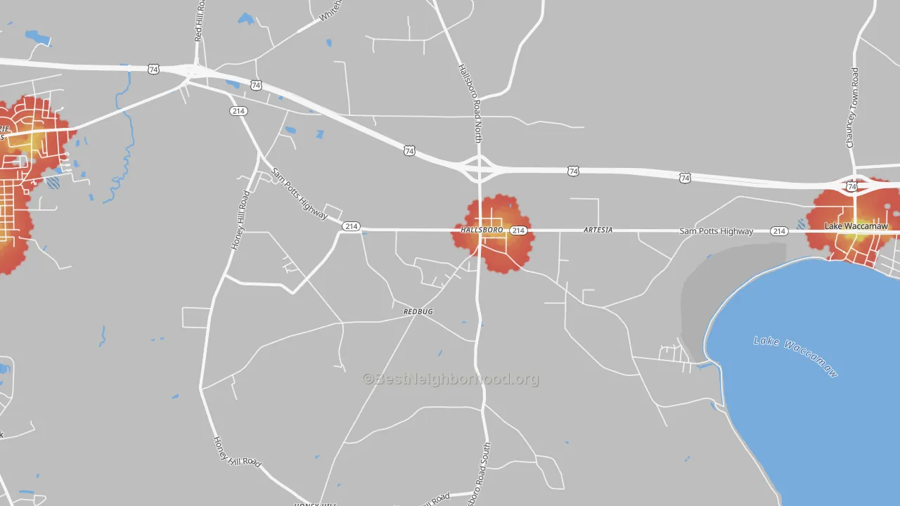 Walk Grade map of Hallsboro, NC, walkable areas in green and car-dependent areas in red