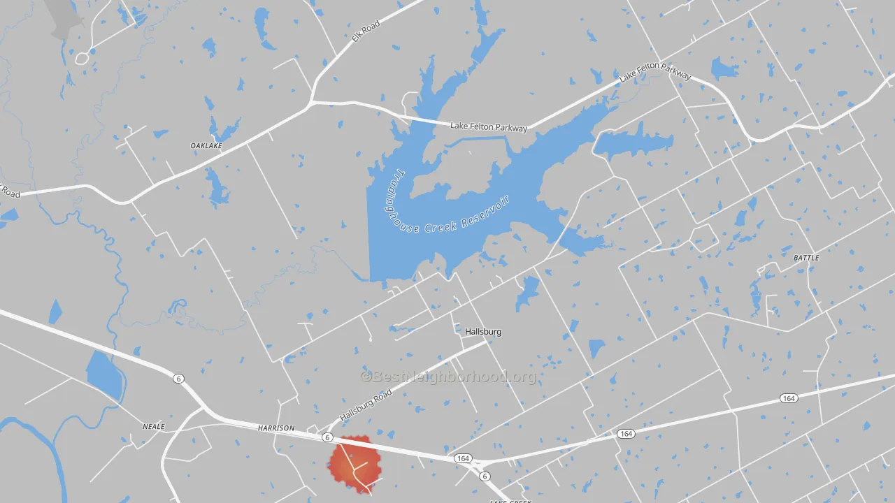 Walk Grade map of Hallsburg, TX, walkable areas in green and car-dependent areas in red