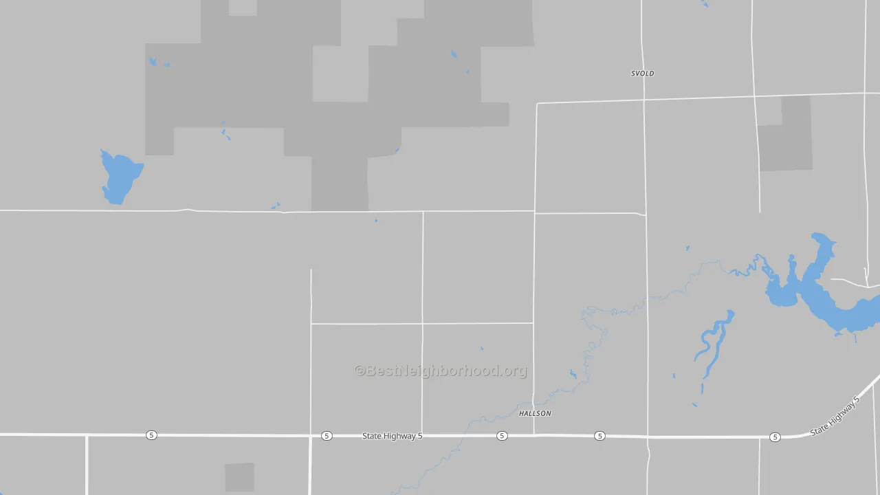Walk Grade map of Hallson, ND, walkable areas in green and car-dependent areas in red