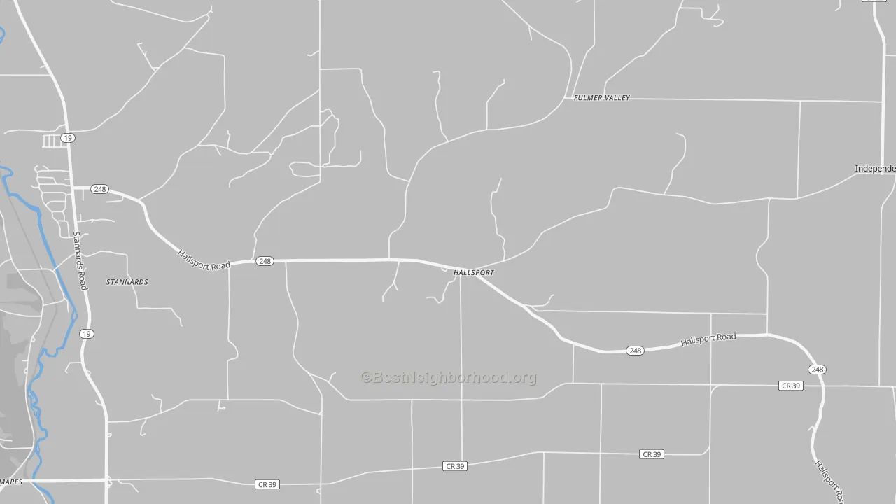 Walk Grade map of Hallsport, NY, walkable areas in green and car-dependent areas in red